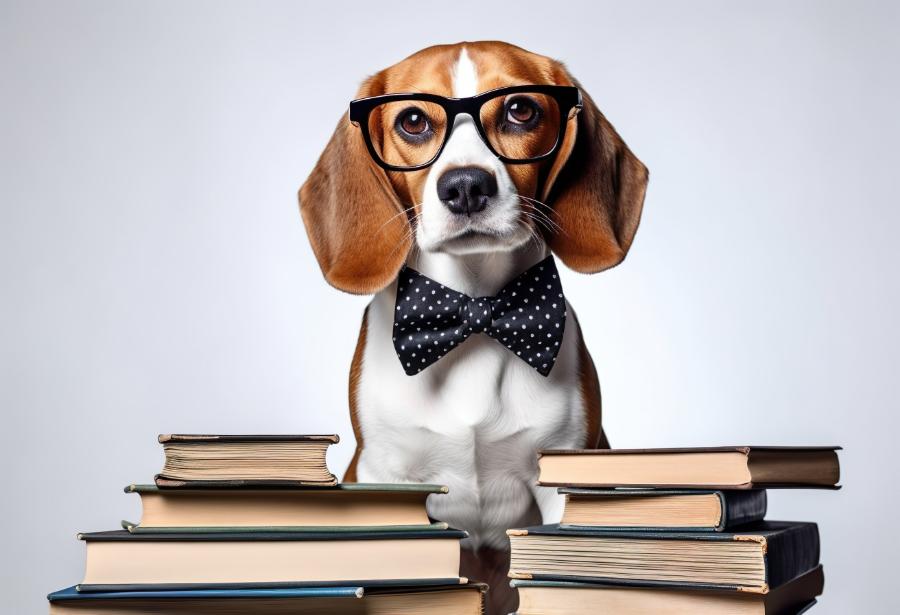 dog wearing glasses, sitting next to a stack of books